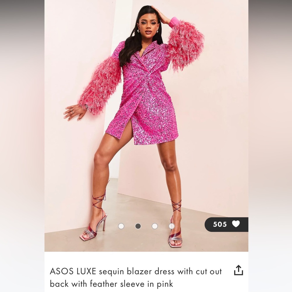 ASOS LUXE sequin blazer dress with cut out back with feather sleeve in pink 💕